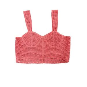 Aqua Women's Sz M Orange Crochet Crop Top Button Back Lined Sweetheart Neck